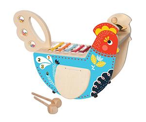Manhattan Toy Musical Chicken Wooden Instrument for Toddlers with Xylophone, Drumsticks, Cymbal and Maraca, (216570)