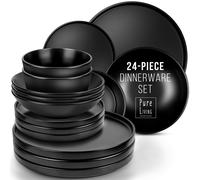 24 Piece Black Dinner Sets for 6 People - Cool Urban Style Stoneware Dinner Set for 6 - Dishwasher & Microwave Safe Plates and Bowls Set for 6 - Dinnerware Sets by Pure Living in Matte Black