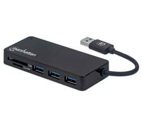 Manhattan USB-A 3-Port Hub with Card Reader, 3x USB-A ports, 5 Gbps (USB 3.2 Gen1 aka USB 3.0), SD, MicroSD, MMC and Memory Stick; Bus Power, SuperSpeed USB, Black, Three Year Warranty, Box