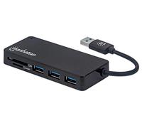 Manhattan USB-A 3-Port Hub with Card Reader, 3x USB-A ports, 5 Gbps (USB 3.2 Gen1 aka USB 3.0), SD, MicroSD, MMC and Memory Stick; Bus Power, SuperSpeed USB, Black, Three Year Warranty, Box