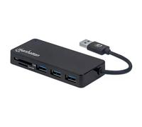 Manhattan USB-A 3-Port Hub with Card Reader, 3x USB-A ports, 5 Gbps (USB 3.2 Gen1 aka USB 3.0), SD, MicroSD, MMC and Memory Stick; Bus Power, SuperSpeed USB, Black, Three Year Warranty, Box