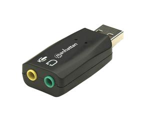 Manhattan USB-A Sound Adapter, USB-A to 3.5mm Mic-in and Audio-Out ports, 480 Mbps (USB 2.0), supports 3D and virtual 5.1 surround sound, Hi-Speed USB, Black, Three Year Warranty