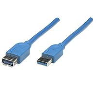 Manhattan USB-A to USB-A Extension Cable, 2m, Male to Female, Blue, 5 Gbps (USB 3.2 Gen1 aka USB 3.0), SuperSpeed USB, Lifetime Warranty, Polybag
