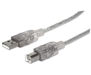 Manhattan USB-A to USB-B Cable, 3m, USB 2.0, 480 Mbps, Hi-Speed USB, Translucent Silver, Lifetime Warranty, Equivalent to USB2HAB10T