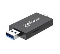Manhattan USB-A / USB-C combo Multi-Card Reader/Writer, 5 Gbps (USB 3.2 Gen1 aka USB 3.0), Male to microSD and SD/MMC Slots, Mini Format, SuperSpeed USB, Windows or Mac, Black/Transparent, Three Year 
