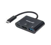 Manhattan USB-C Dock/Hub, Ports (x3): HDMI, USB-A and USB-C, With Power Delivery to USB-C Port (60W), 5 Gbps (USB 3.2 Gen1 aka USB 3.0), Cable 8cm, Black, Three Year Warranty, Blister