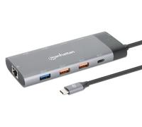 Manhattan USB-C Dock/Hub, Ports (x10): Ethernet, HDMI (x2 8k), USB-A (x5) and USB-C (x2), With Power Delivery (100W) to USB-C Port (Note additional USB-C wall charger and USB-C cable needed), USB 3.2 Gen 2, All Ports can be used at the same time, Aluminium, Grey
