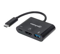 Manhattan USB-C Dock/Hub, Ports (x3): HDMI, USB-A and USB-C, 5 Gbps (USB 3.2 Gen1 aka USB 3.0), With Power Delivery (60W) to USB-C Port (Note additional USB-C wall charger and USB-C cable needed), Uni