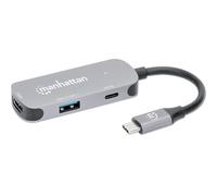 Manhattan USB-C Dock/Hub, Ports (x3): HDMI, USB-A and USB-C, With Power Delivery (100W) to USB-C Port (Note additional USB-C wall charger and USB-C cable needed), HDMI: 4k@60Hz, USB-A: 5 Gbps USB 3.2