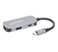 Manhattan USB-C Dock/Hub, Ports (x3): HDMI, USB-A and USB-C, With Power Delivery (100W) to USB-C Port (Note additional USB-C wall charger and USB-C cable needed), HDMI: 4k@60Hz, USB-A: 5 Gbps USB 3.2