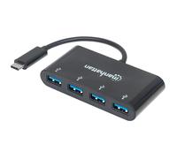 Manhattan USB-C Dock/Hub, Ports (x4): USB-A (x4), 5 Gbps (USB 3.2 Gen1 aka USB 3.0), External Power Supply Not Needed, Cable 20cm, SuperSpeed USB, Black, Three Year Warranty, Blister