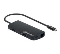 Manhattan USB-C Dock/Hub with Card Reader, Ports (x5): Ethernet, USB-A (3) and USB-C, With Power Delivery to USB-C Port (100W), 5 Gbps (USB 3.2 Gen1 aka USB 3.0), Cable 30cm, Aluminium, Black