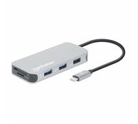 Manhattan USB-C Dock/Hub with Card Reader, Ports (x6): Ethernet, HDMI, USB-A (x3) and USB-C, With Power Delivery (10W) to USB-C Port (Note additional USB-C wall charger and USB-C cable needed), Univer
