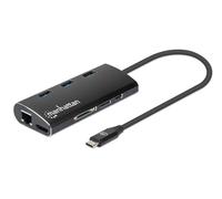 Manhattan USB-C Dock/Hub with Card Reader, Ports (x6): Ethernet, HDMI, USB-A (x3) and USB-C, With Power Delivery (100W) to USB-C Port (Note additional USB-C wall charger and USB-C cable needed), Unive