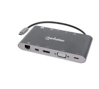 Manhattan USB-C Dock/Hub with Card Reader Ports (x8): HDMI Audio 3.5mm Ethernet Mini DisplayPort USB-A (x3) and USB-C With Power Delivery (60W) to USB-C Port (Note add USB-C wall charger and USB-C cab