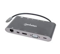 Manhattan USB-C Dock/Hub with Card Reader, Ports (x8): HDMI, Audio 3.5mm, Ethernet, Mini DisplayPort, USB-A (x3) and USB-C, With Power Delivery (60W) to USB-C Port (Note add USB-C wall charger and USB