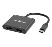 Manhattan USB-C to Dual HDMI & USB-A Adapter, Dual 4K@30Hz or Single 4K@60Hz, Power Delivery 100W, 480 Mbps (USB 2.0), Cable 15cm, Black, Male to Female, Three Year Warranty