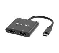 Manhattan USB-C to Dual HDMI & USB-A Adapter Dual 4K@30Hz or Single 4K@60Hz Power Delivery 100W 480 Mbps (USB 2.0) Cable 15cm Black Male to Female Three Year Warranty