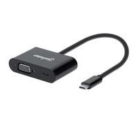 Manhattan USB-C to VGA and USB-C (inc Power Delivery), 1080p@60Hz, 19.5cm, Black, Power Delivery to USB-C Port (60W), Male to Female, Lifetime Warranty, Retail Box