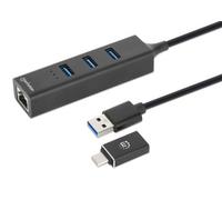 Manhattan USB-C & USB-A Combo Dock/Hub, Ports (4): Ethernet and USB-A (x3), 5 Gbps (USB 3.2 Gen1 aka USB 3.0), External Power Supply Not Needed, Universal for all devices, USB-A Male with Attachable U