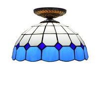 MANHONG 12 Inches Tiffany Ceiling Light Small Stained Glass Chandelier, Colourful Lattice Vintage Decor Uplighter Lamp for Living Dining Room Bedroom Corridor(Blu)