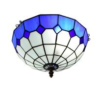 MANHONG 12 Inches Tiffany Flush Mount Ceiling Light, Colorful Plaids Stained Glass Uplighter Lamp Vintage Style Deco Large Chandelier for Living Dining Room Bedroom Corridor(Blu)