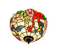 MANHONG 12 Inches Tiffany Flush Mount Ceiling Light, Large Stained Glass Uplighter Lamp Bird Flowers Vintage Style Deco Chandelier for Living Dining Room Bedroom Corridor