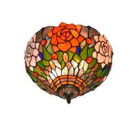 MANHONG 12 Inches Tiffany Flush Mount Ceiling Light, Large Stained Glass Uplighter Lamp Black Brilliant Roses Vintage Style Deco Chandelier for Living Dining Room Bedroom Corridor
