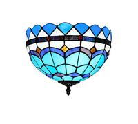 MANHONG 12 Inches Tiffany Flush Mount Ceiling Light, Large Stained Glass Uplighter Lamp Blue Feather Vintage Style Deco Chandelier for Living Dining Room Bedroom Corridor