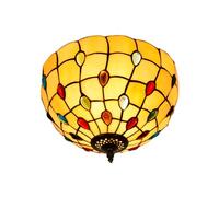MANHONG 12 Inches Tiffany Flush Mount Ceiling Light, Large Stained Glass Uplighter Lamp Colourful Beads Vintage Style Deco Chandelier for Living Dining Room Bedroom Corridor