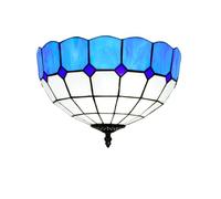 MANHONG 12 Inches Tiffany Flush Mount Ceiling Light, Large Stained Glass Uplighter Lamp Colourful Plaids Vintage Style Deco Chandelier for Living Dining Room Bedroom Corridor(Blu)