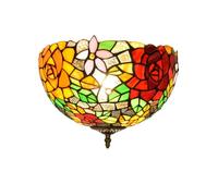 MANHONG 12 Inches Tiffany Flush Mount Ceiling Light, Large Stained Glass Uplighter Lamp Lustrous Roses Vintage Style Deco Chandelier for Living Dining Room Bedroom Corridor