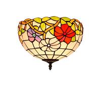 MANHONG 12 Inches Tiffany Flush Mount Ceiling Light, Large Stained Glass Uplighter Lamp Tricolour Petunias Vintage Style Deco Chandelier for Living Dining Room Bedroom Corridor
