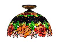 MANHONG 16 Inches Tiffany Ceiling Light Stained Glass Chandelier, Black Brilliant Rose Vintage Decor Uplighter Lamp for Living Dining Room Corridor Bedroom