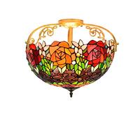 MANHONG 16 Inches Tiffany Semi Flush Mount Ceiling Light, Large Stained Glass Uplighter Lamp Black Brilliant Roses Vintage Style Deco Chandelier for Living Dining Room Bedroom Corridor