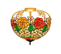 MANHONG 16 Inches Tiffany Semi Flush Mount Ceiling Light, Large Stained Glass Uplighter Lamp Brilliant Roses Vintage Style Deco Chandelier for Living Dining Room Bedroom Corridor