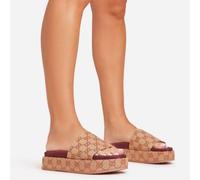 Manic Burgundy Printed Detail Peep Toe Flatform Slider In Beige Fabric, Women's Size UK 3