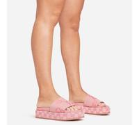 Manic Printed Detail Peep Toe Flatform Slider Sandal In Pink Fabric, Women's Size UK 8