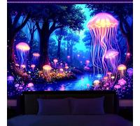 Manicer Blacklight Jellyfish Forest Tapestry - UV Reactive Fantasy Underwater Jellyfish in Enchanted Forest, Glow in the Dark Neon Nature Art Wall Hanging for Bedroom, Living Room - 70.9" x 90.6"