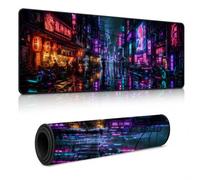 Manicer Cyberpunk Japanese Neon City Gaming Mouse Pad - Blacklight Extended Anime Aesthetic Mouse Mat, UV Reactive Futuristic Rainy Night Alley Non-Slip Rubber Base with Stitched Edges - 31.5"×11.8"
