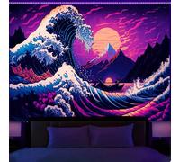 Manicer Japanese Sea Wave Tapestry, Blacklight Kanagawa Neon Sunset Ocean Tapestries Wall Hanging, UV Reactive Cool Tsunami Tapestry Wall Art for Bedroom, Living Room - 44 x 59 inches