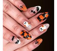 Manicure Press-on Set Halloween 24 Piece Oval False Tips, Pumpkin Bat Character Artwork with Glitter Finish for Party Looks At Home