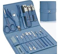 Manicure Set Professional Nail Clippers Pedicure Kit, 16 pcs Stainless Steel Nail Care Tools Grooming Kit with Luxurious Travel Leather Case for Thick Nails Men Women Gift (Blue)