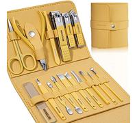 Manicure Set Professional Nail Clippers Pedicure Kit, 16 pcs Stainless Steel Nail Care Tools Grooming Kit with Luxurious Travel Leather Case for Thick Nails Men Women Gift (Yellow)