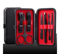 Manicure Set Professional Pedicure Kit Nail Clippers Set Steel Black 7 in 1 Grooming Kit Nail Scissors Cutter Ear Pick Tweezers Scissors Eyebrow Nail file Nail Kit for Man Women gift (Red_7 in 1)