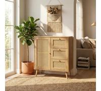 Manila Oak Rattan Compact 1 Door 3 Drawer Sideboard Living Dining Room Storage Furniture