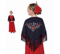 Manila Shawl Flower Embroidery Plain Colours for Women Girls Flamenco Shawl for Fair Dress Sevillana Flamenco Black Red White Pink Blue, Black Small Flower, One Size