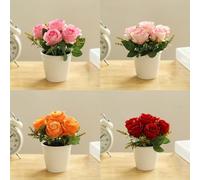 Manillefu Artificial Rose Flower Small Tree Potted Plant Plastic Silk Decor Bright Color No Fading For Home Office Wedding Party Garden