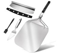 MANJIA Metal Pizza Peel 12 inch Pizza Spatula, Pizza Paddle with Foldable Handle, Stainless Steel Rocker Cutter & Oil Brush, 4-in-1 Pizza Peel Spatula Set for Baking Homemade, Pizza Oven Accessories