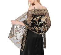 MANJIAMEI Women's Flower Heart Sequin Shawls and Wraps for Evening Dresses, Elegant Embroidered Sparkly Long Scarf Sheer Mesh Wedding Stole for Bridal Ladies Cocktail Parties Proms, Black Gold
